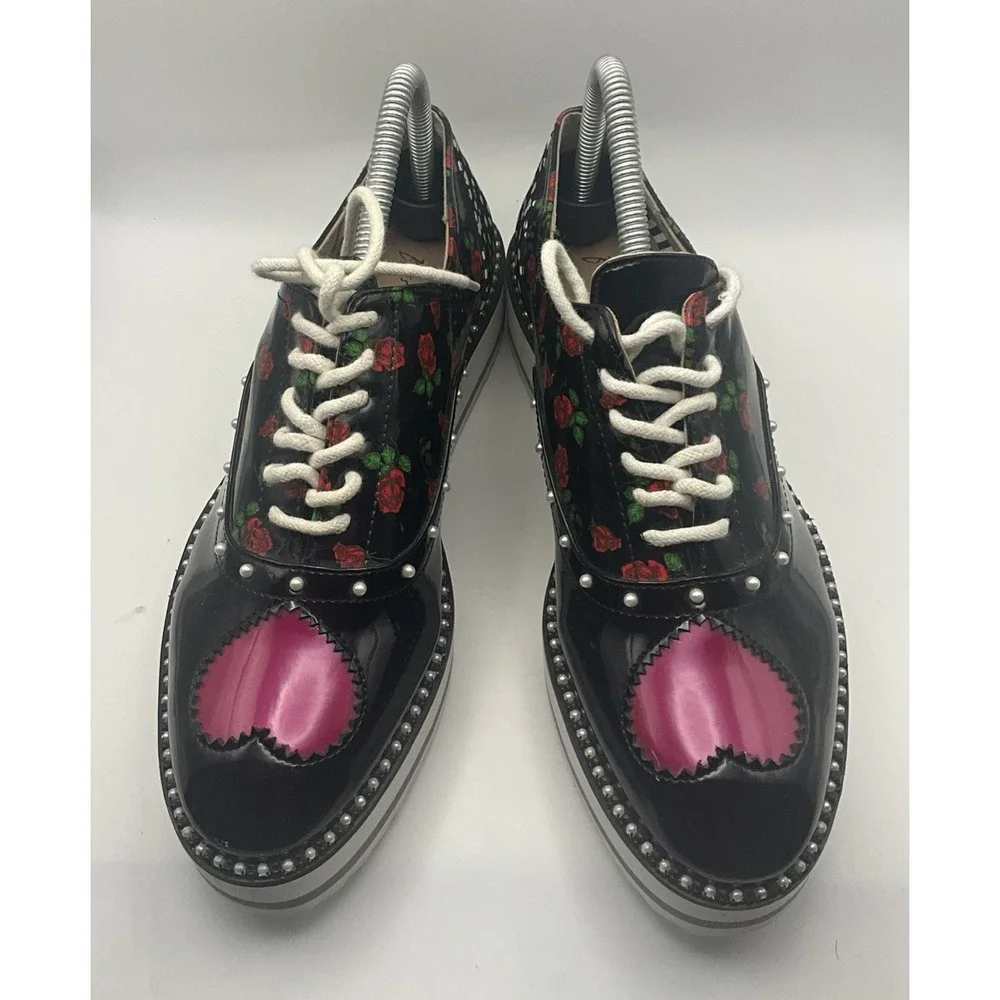 Betsey Johnson Marti Platform Oxford Shoes 7.5 Patent Leather Punk Pearls Hearts